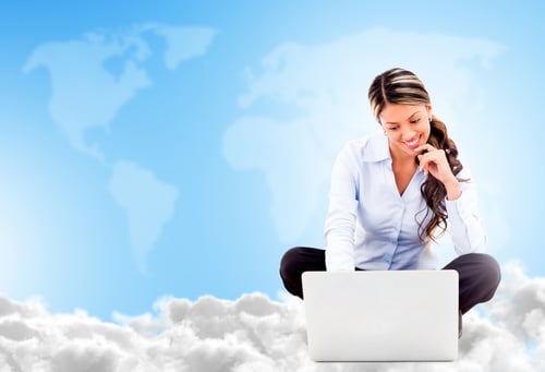 Business woman cloud computing looking very happy using wireless technology